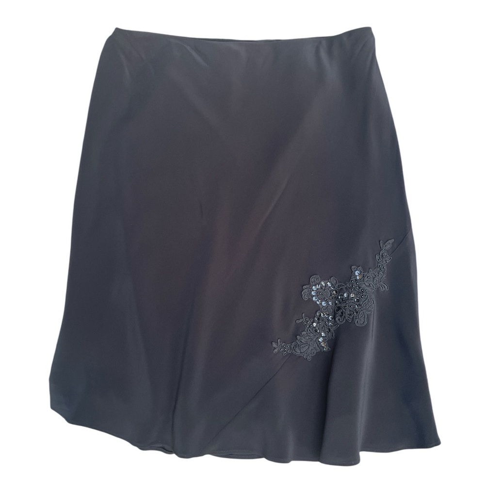 LAURA ASHLEY SZ 14 Black lined pull on black appliqué & beading A line skirt